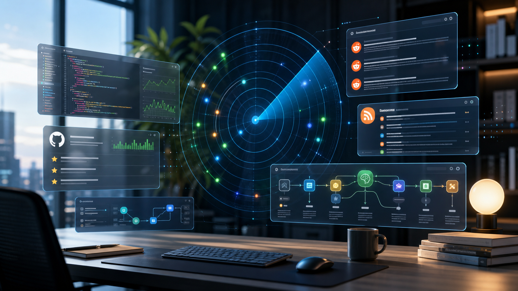 AI trend research dashboard with source panels and workflow nodes
